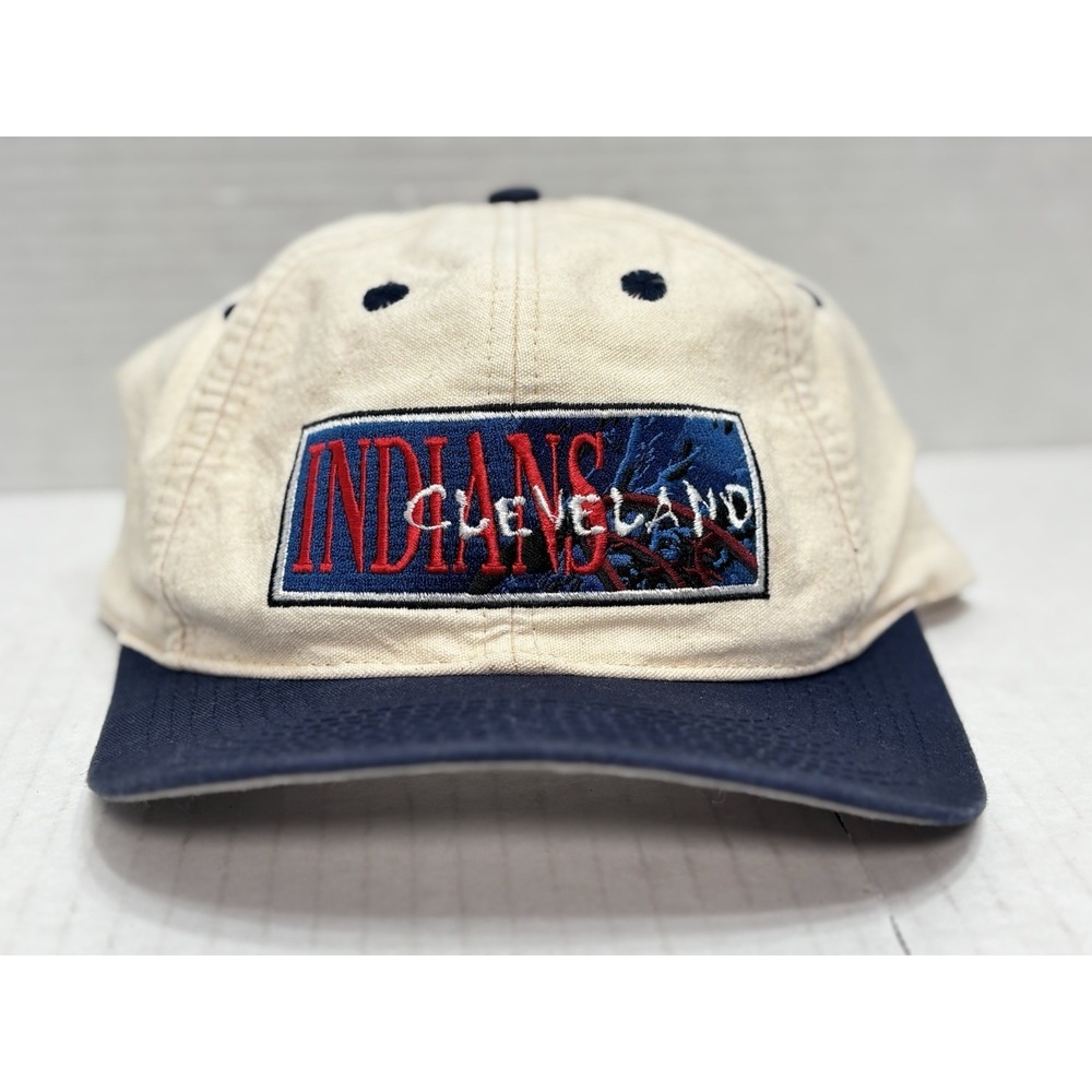 Vintage Cleveland Indians Logo Athletic Strapback Hat MLB Chief Wahoo Cap Script